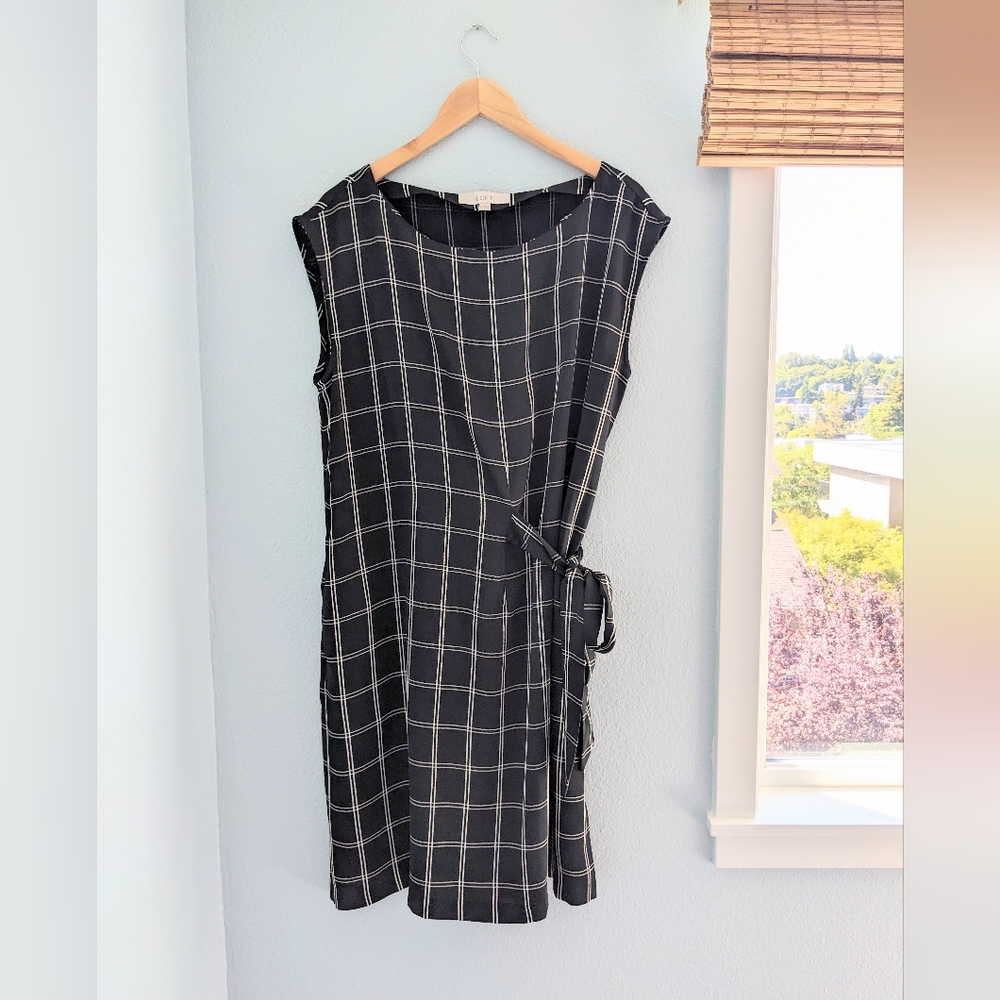 Ann Taylor LOFT NWT Windowpane Black and White Side Tie Dress, Size 16